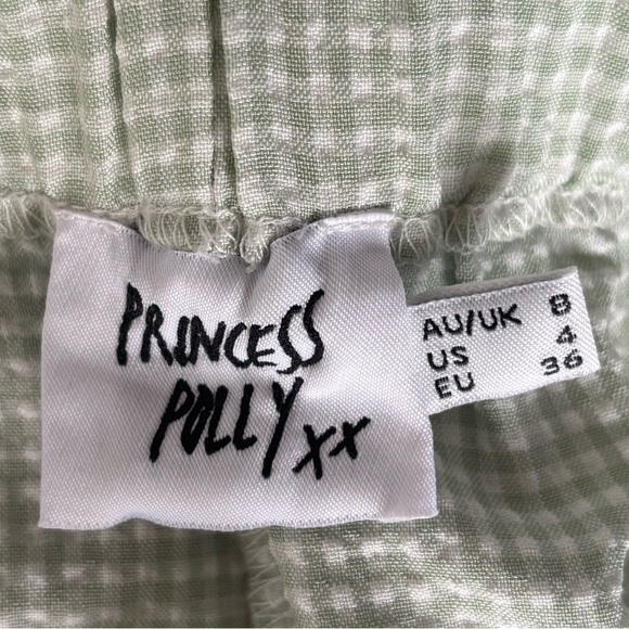 Princess Polly Green White Gingham Plaid Wide Leg Pant Flowy Drawstring Waist - Picture 7 of 8